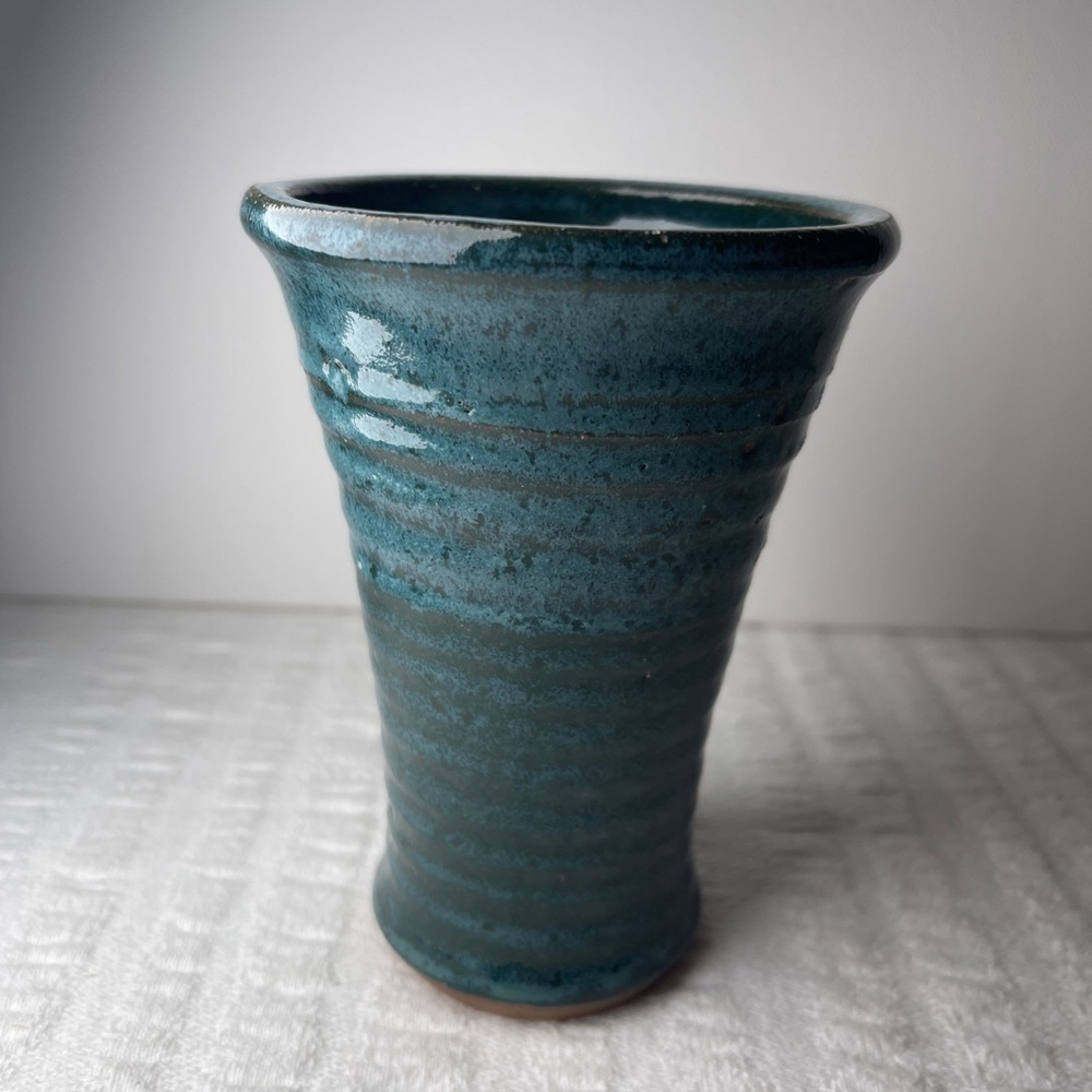 Handmade studio art pottery vase blue 5in EUC